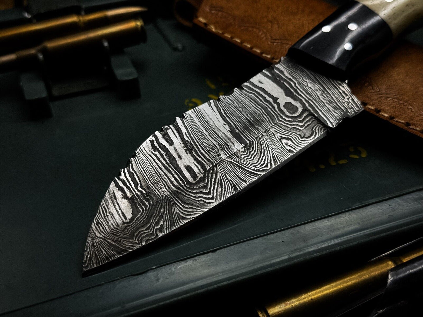 Handmade Damascus Steel Kitchen Chef Cleaver Knife with Camel Bone Handle & Leather Sheath