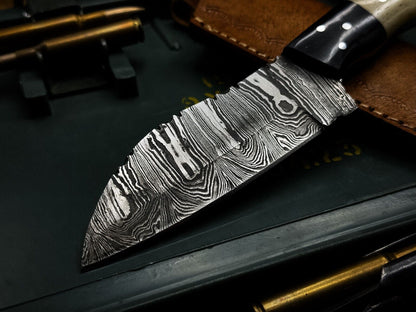 Handmade Damascus Steel Kitchen Chef Cleaver Knife with Camel Bone Handle & Leather Sheath