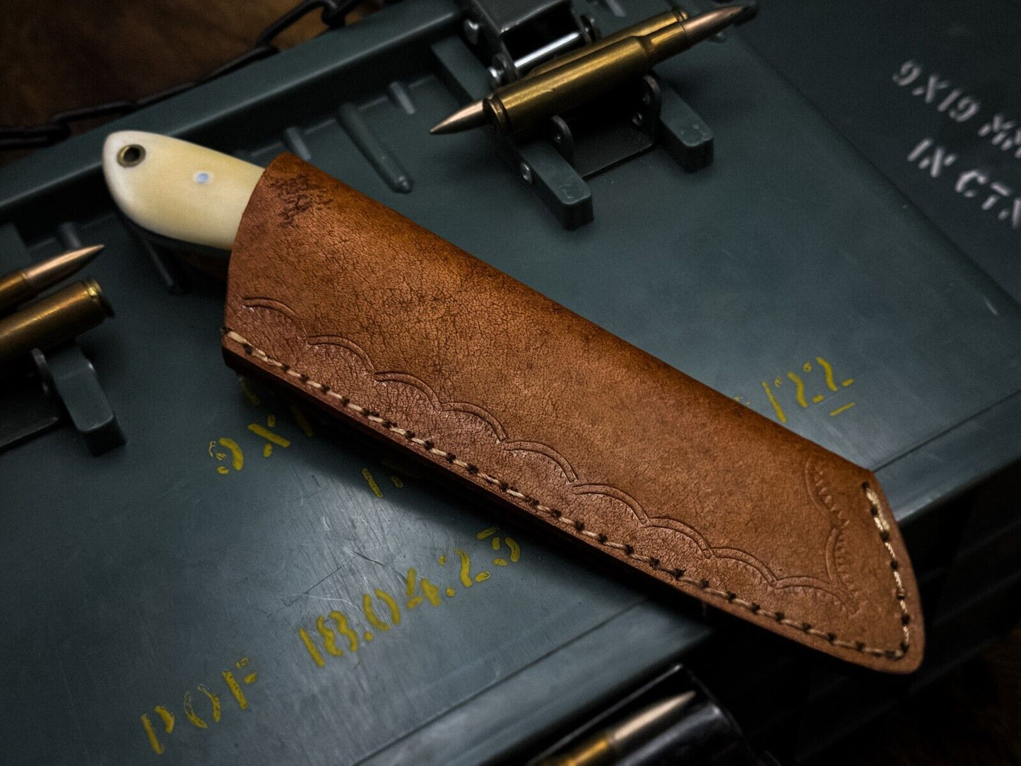 Handmade Damascus Steel Kitchen Chef Cleaver Knife with Camel Bone Handle & Leather Sheath