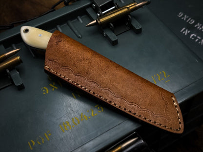 Handmade Damascus Steel Kitchen Chef Cleaver Knife with Camel Bone Handle & Leather Sheath