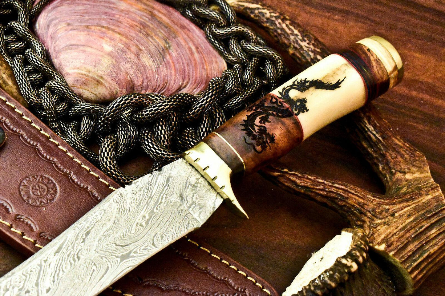 Custom Damascus Steel Bowie Knife | 12" Laser Etched Camel Bone Handle