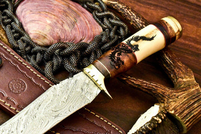 Custom Damascus Steel Bowie Knife | 12" Laser Etched Camel Bone Handle