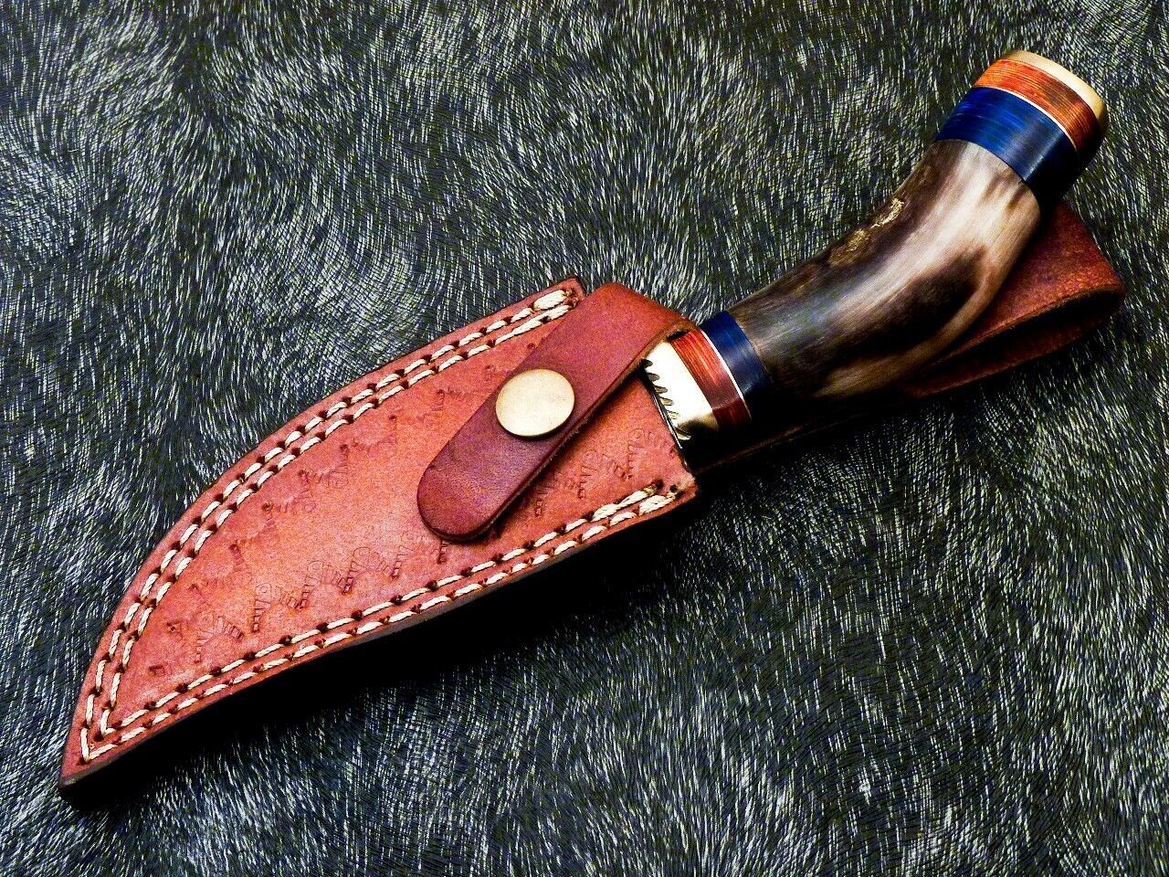Heritage Forge 8 Inch Damascus Steel Bowie Camping Hunting Knife with Ram Horn and Hardwood Handle