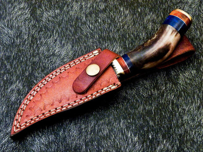 Heritage Forge 8 Inch Damascus Steel Bowie Camping Hunting Knife with Ram Horn and Hardwood Handle