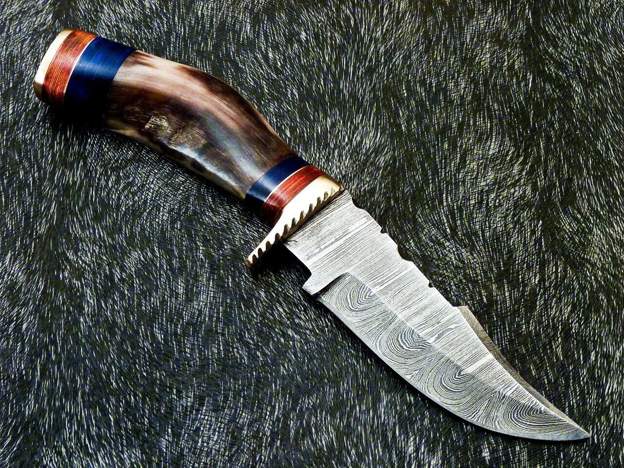 Heritage Forge 8 Inch Damascus Steel Bowie Camping Hunting Knife with Ram Horn and Hardwood Handle