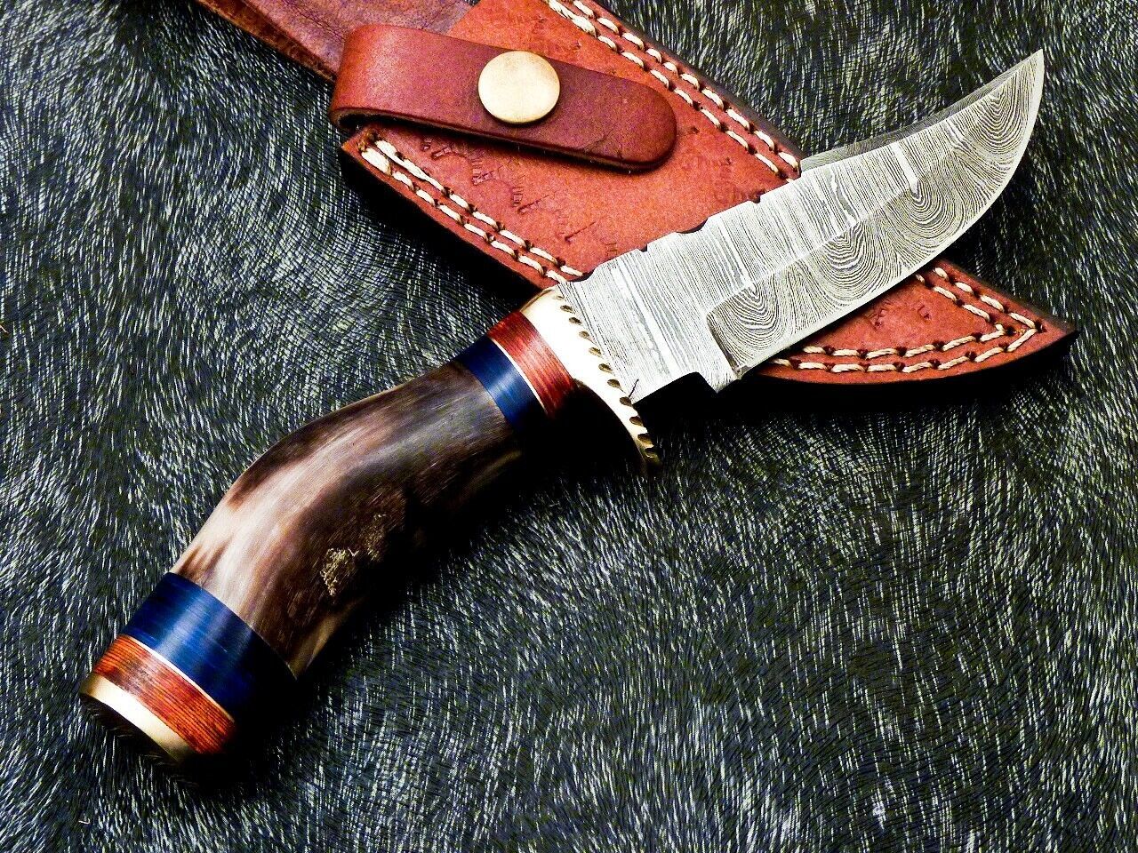 Heritage Forge 8 Inch Damascus Steel Bowie Camping Hunting Knife with Ram Horn and Hardwood Handle