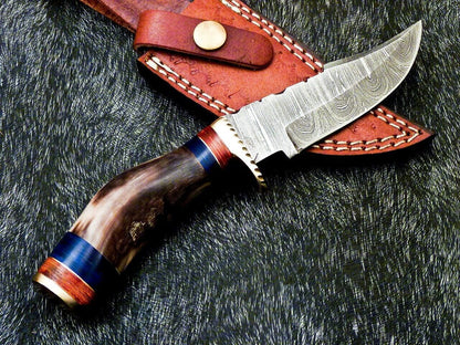 Heritage Forge 8 Inch Damascus Steel Bowie Camping Hunting Knife with Ram Horn and Hardwood Handle