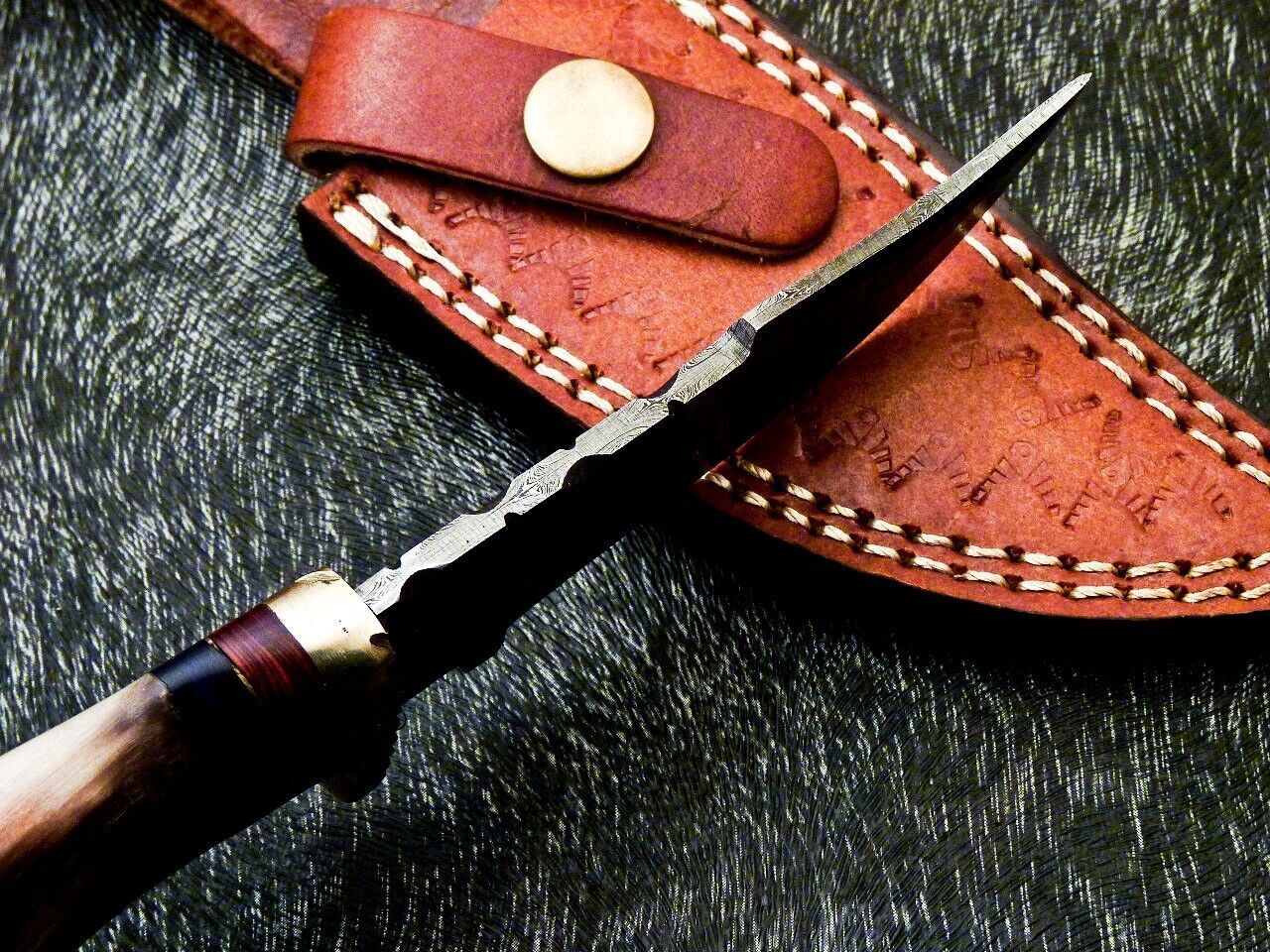 Heritage Forge 8 Inch Damascus Steel Bowie Camping Hunting Knife with Ram Horn and Hardwood Handle