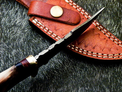 Heritage Forge 8 Inch Damascus Steel Bowie Camping Hunting Knife with Ram Horn and Hardwood Handle