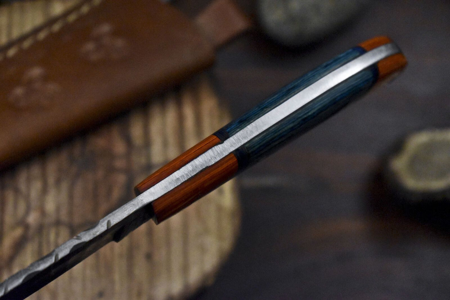 8" Ladder Damascus Skinner Knife Hardwood Handle Wooden Bolster Gift Knife