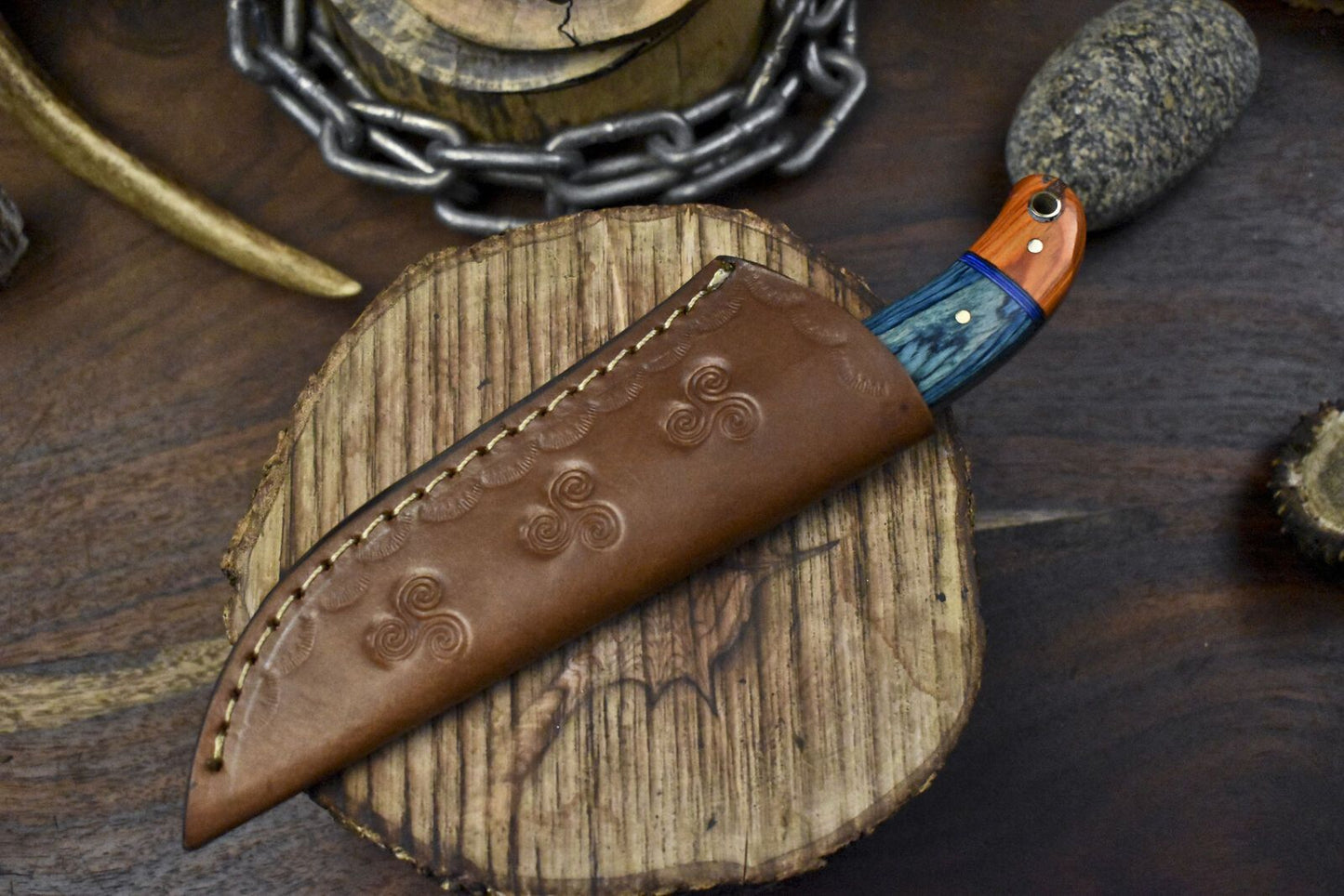 8" Ladder Damascus Skinner Knife Hardwood Handle Wooden Bolster Gift Knife