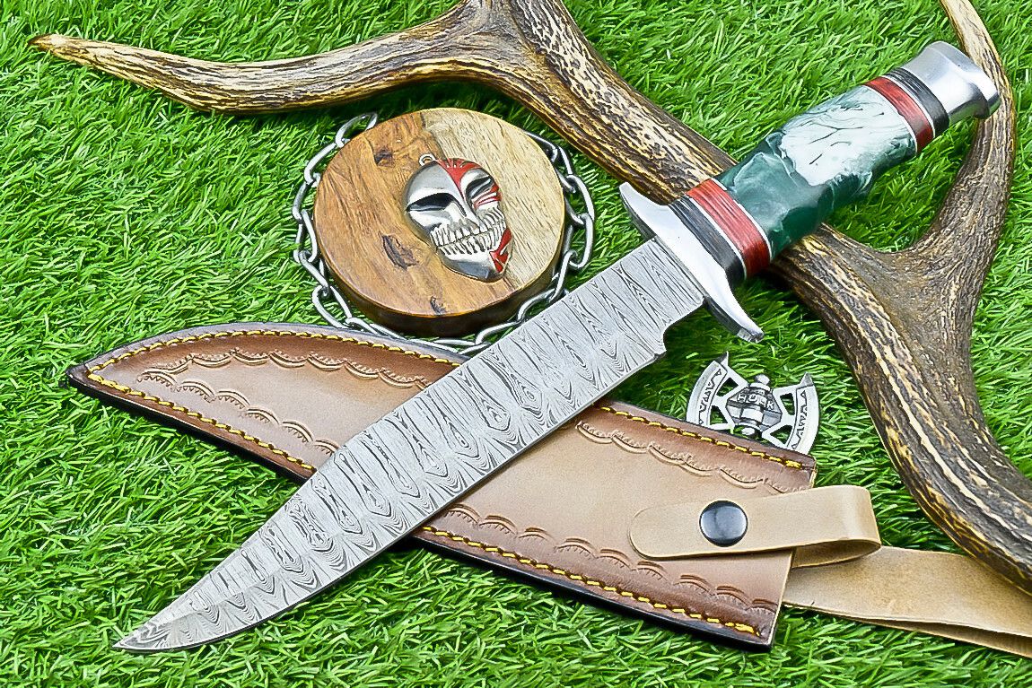 14 Inch Handmade Damascus Steel Bowie Knife with Resin Handle and Steel Bolster