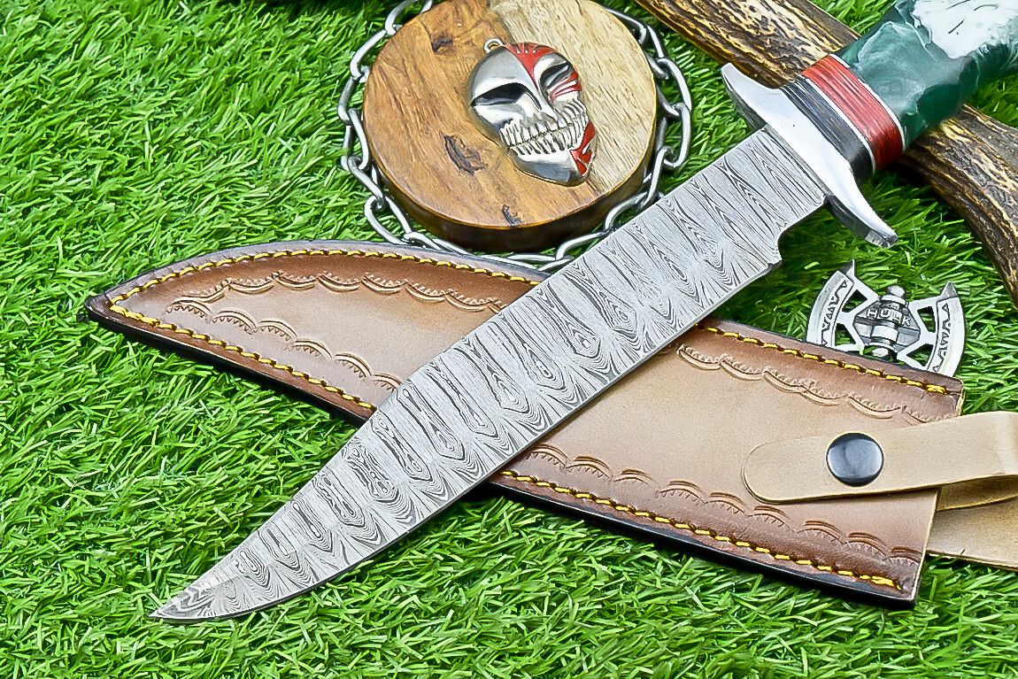 14 Inch Handmade Damascus Steel Bowie Knife with Resin Handle and Steel Bolster