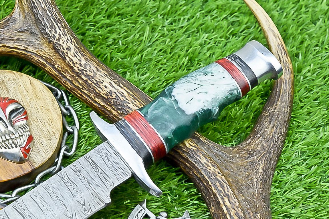 14 Inch Handmade Damascus Steel Bowie Knife with Resin Handle and Steel Bolster