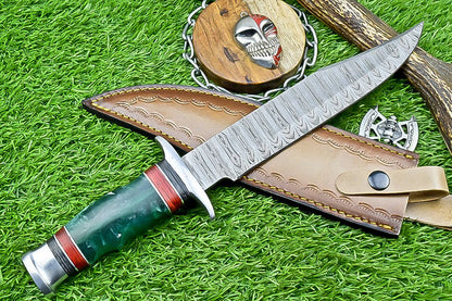 14 Inch Handmade Damascus Steel Bowie Knife with Resin Handle and Steel Bolster