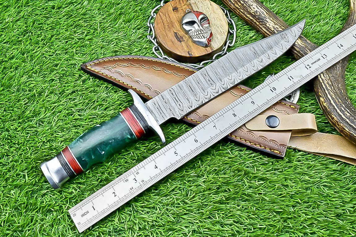 14 Inch Handmade Damascus Steel Bowie Knife with Resin Handle and Steel Bolster