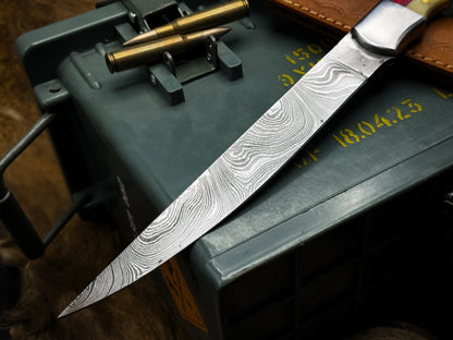 Handmade Damascus Steel Fillet Hunting Kitchen Knife with Bone Handle & Leather Sheath