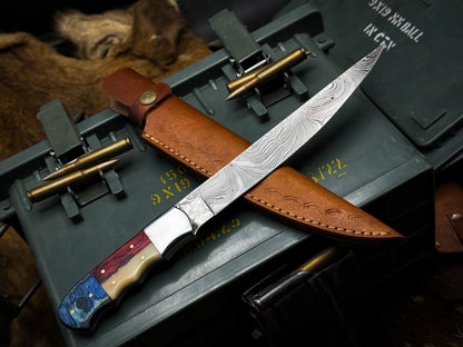 Handmade Damascus Steel Fillet Hunting Kitchen Knife with Bone Handle & Leather Sheath