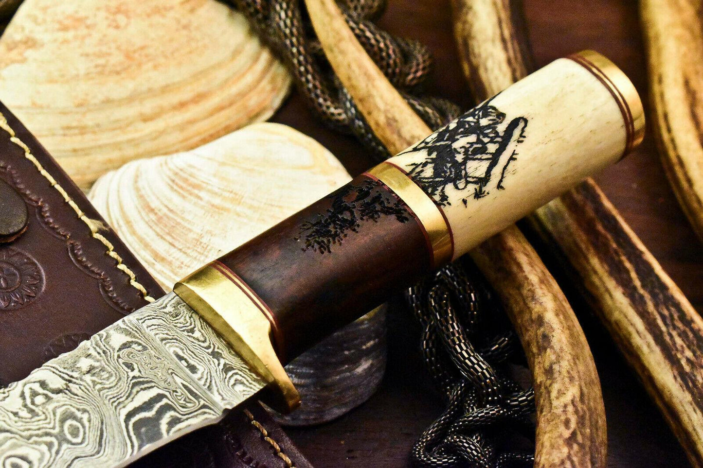 11" Damascus Bowie – Laser Etched Blade & Stained Camel Bone Handle
