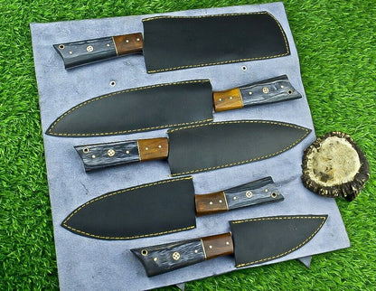 5 PCS Custom Handmade Damascus Steel Chef Knife Set Wood Handle