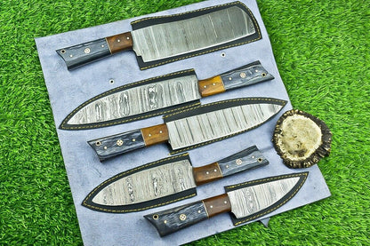 5 PCS Custom Handmade Damascus Steel Chef Knife Set Wood Handle