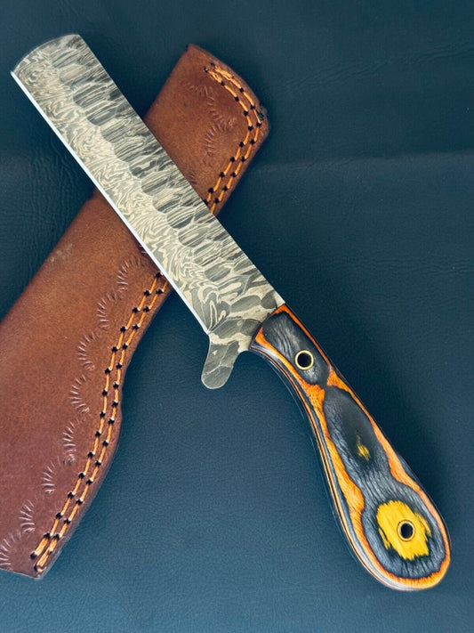 Cowboy Bull Cutter Knife 12" Fire Storm Damascus Steel Bull Cutter Knife With Wood Handle