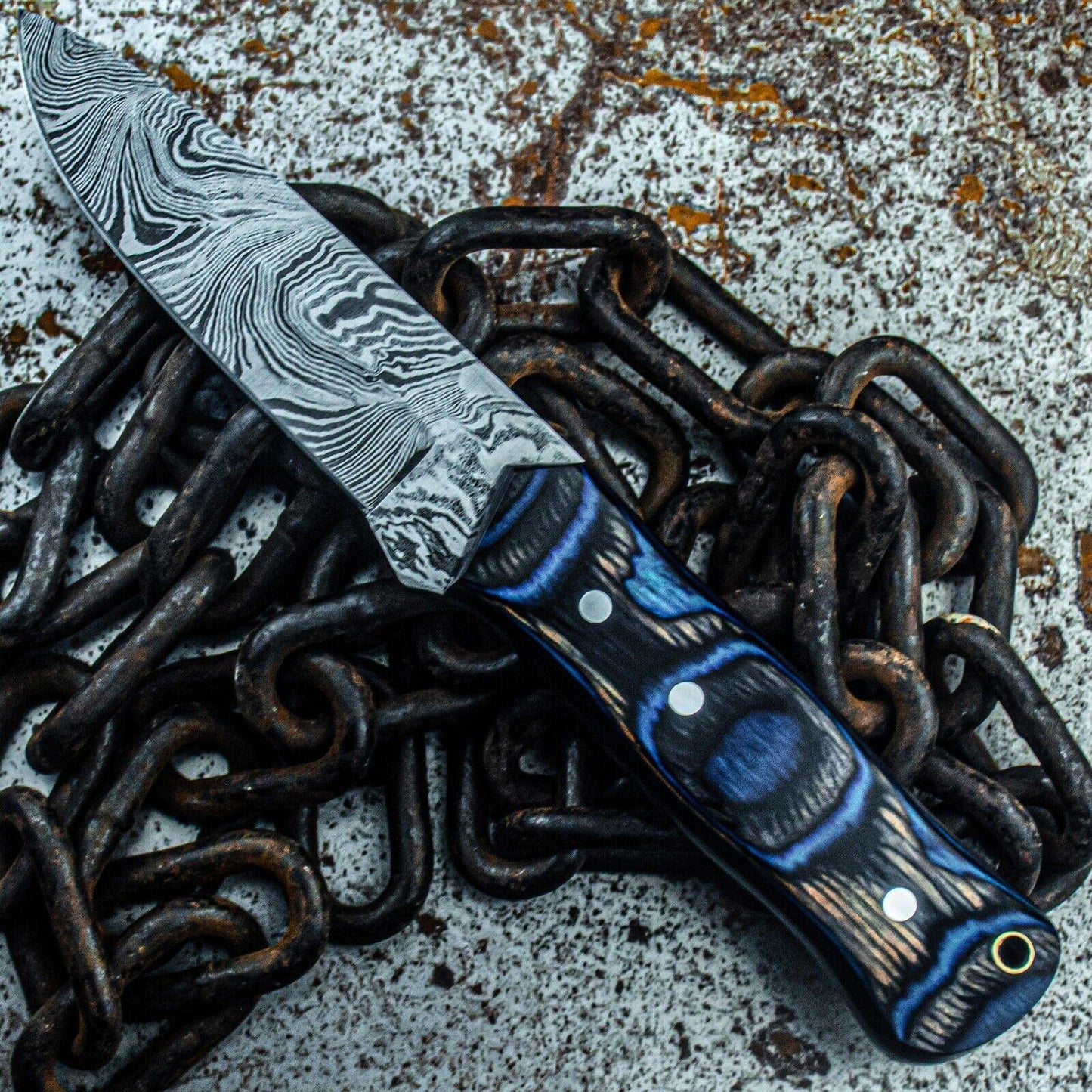9.5" Custom Damascus Steel Bowie Knife with Wood Handle & Sheath