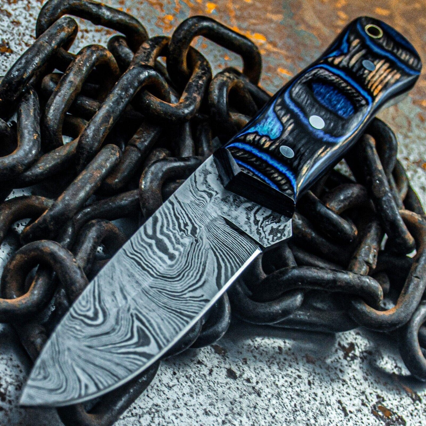 9.5" Custom Damascus Steel Bowie Knife with Wood Handle & Sheath