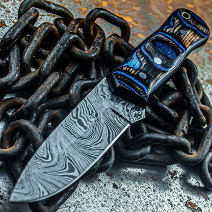 9.5" Custom Damascus Steel Bowie Knife with Wood Handle & Sheath