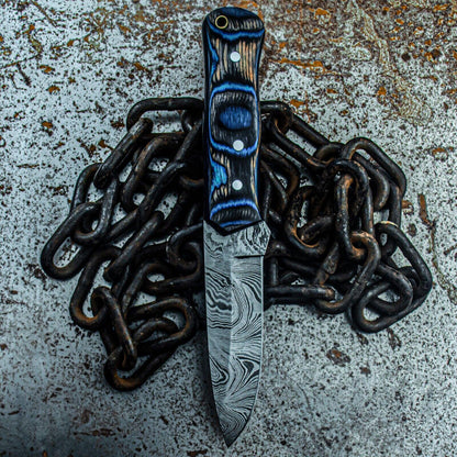 9.5" Custom Damascus Steel Bowie Knife with Wood Handle & Sheath