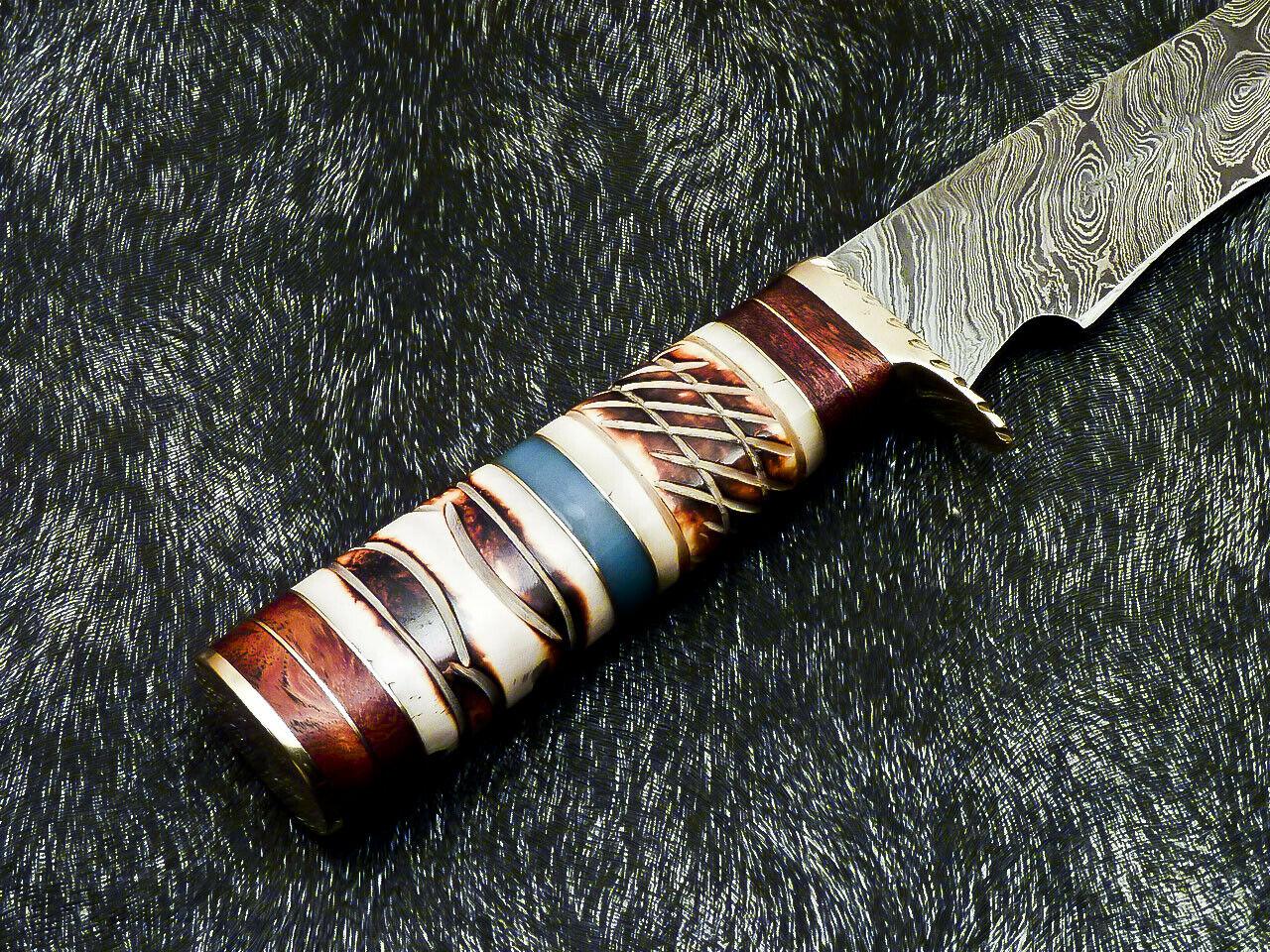 13" Damascus Bowie Knife | Camel Bone & Wood Handle with Brass Bolster