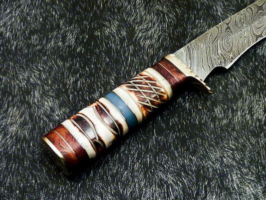 13" Damascus Bowie Knife | Camel Bone & Wood Handle with Brass Bolster