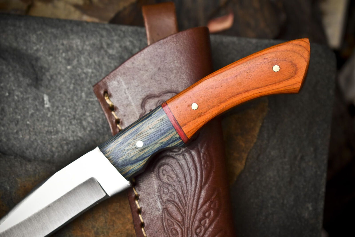 Custom Hand Forged Skinner Knife – AUS-8 Steel, Hard Wood Handle with Wooden Bolster, 8" Hunting Knife