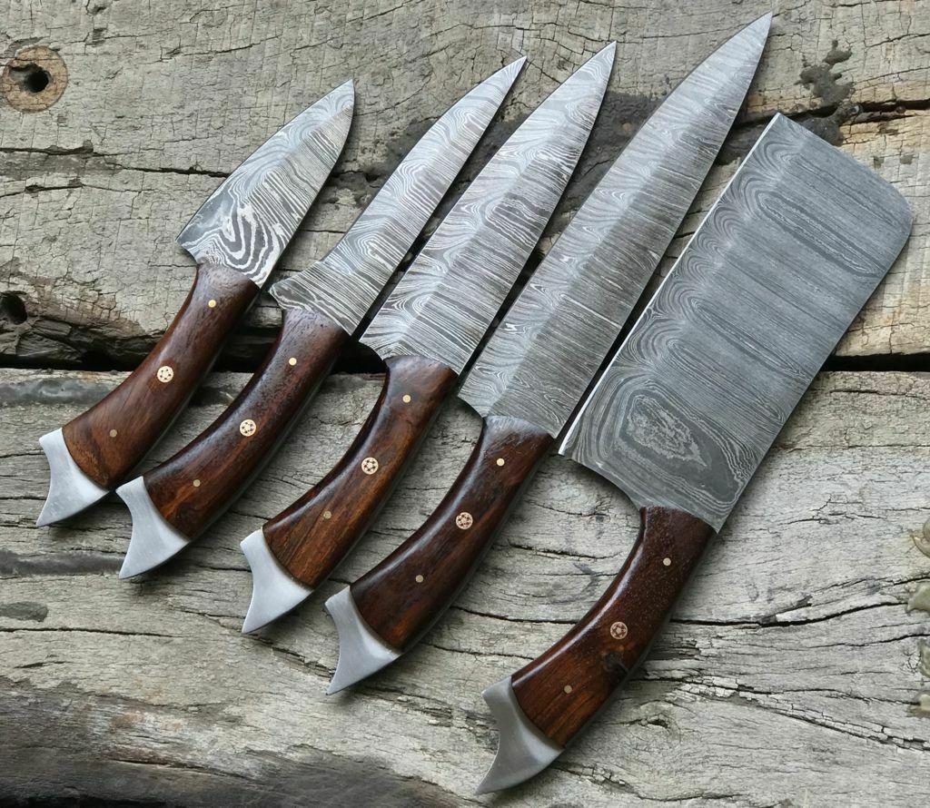 Handmade Twist Damascus Steel Chef Knife Set – 5 Pcs, Walnut Handle, Razor Sharp