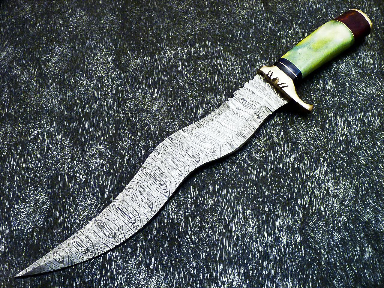 16" Damascus Bowie Knife – Stained Bone & Wood Handle with Leather Sheath