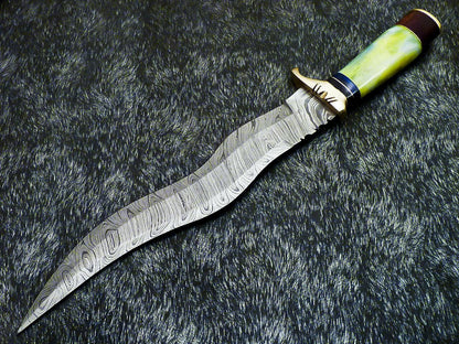 16" Damascus Bowie Knife – Stained Bone & Wood Handle with Leather Sheath