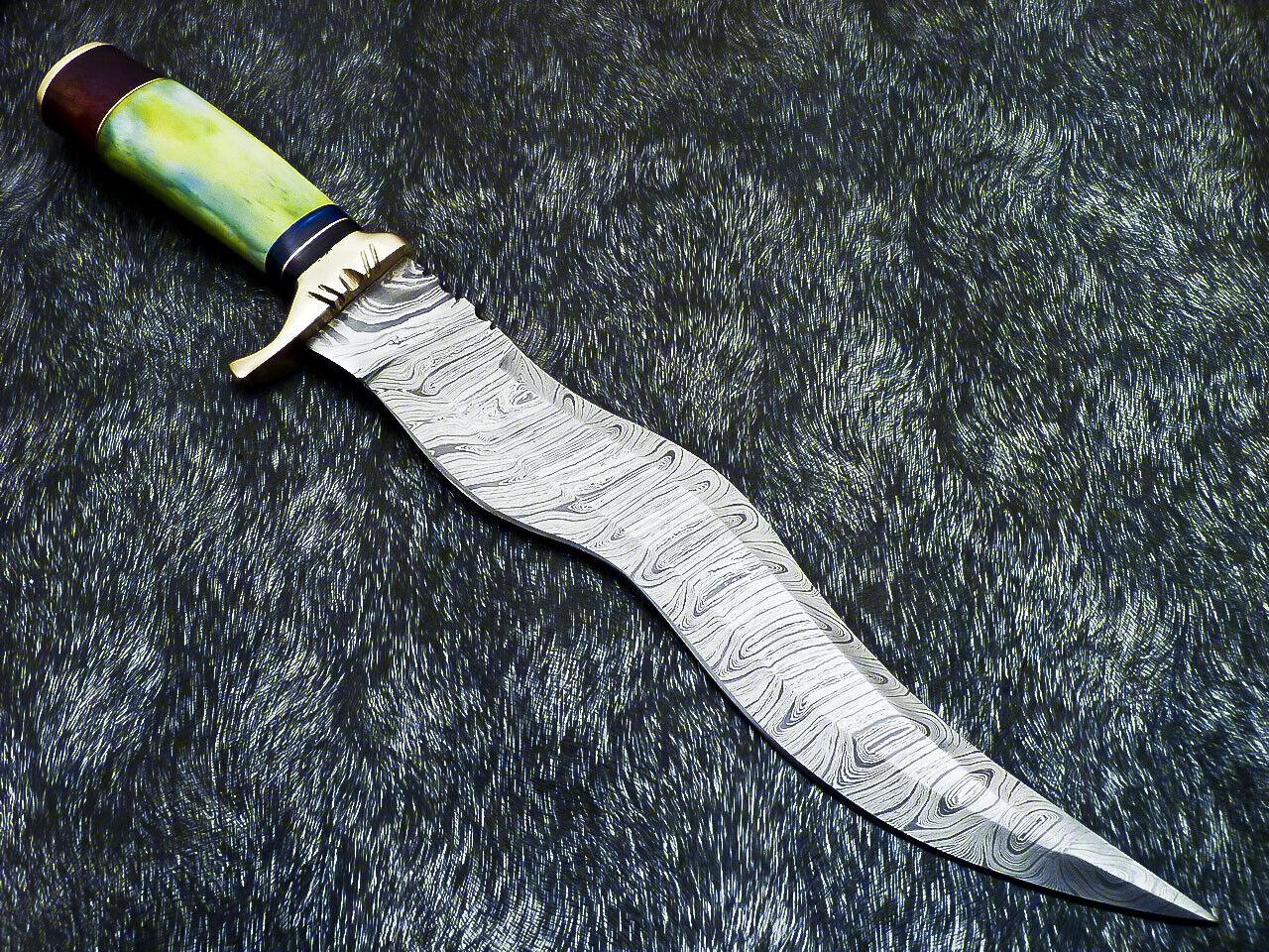 16" Damascus Bowie Knife – Stained Bone & Wood Handle with Leather Sheath