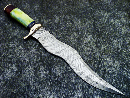 16" Damascus Bowie Knife – Stained Bone & Wood Handle with Leather Sheath