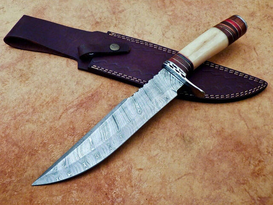 Heritage Forge Handmade Damascus Steel Bowie Knife with Camel Bone Handle for Hunting and Camping