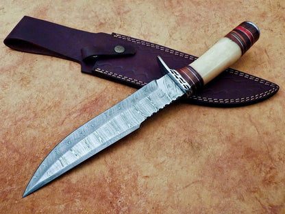 Heritage Forge Handmade Damascus Steel Bowie Knife with Camel Bone Handle for Hunting and Camping