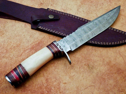 Heritage Forge Handmade Damascus Steel Bowie Knife with Camel Bone Handle for Hunting and Camping