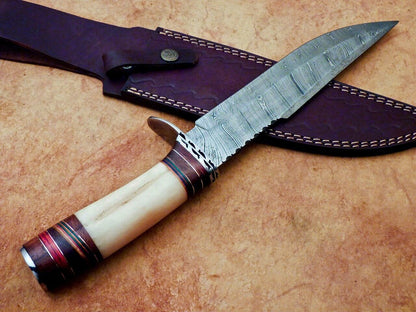 Heritage Forge Handmade Damascus Steel Bowie Knife with Camel Bone Handle for Hunting and Camping