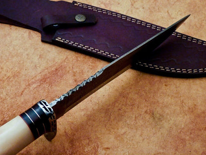 Heritage Forge Handmade Damascus Steel Bowie Knife with Camel Bone Handle for Hunting and Camping