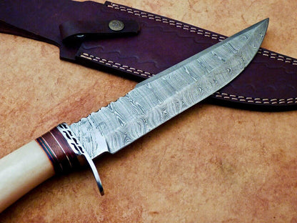 Heritage Forge Handmade Damascus Steel Bowie Knife with Camel Bone Handle for Hunting and Camping