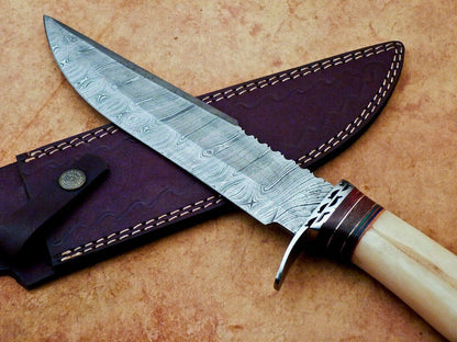 Heritage Forge Handmade Damascus Steel Bowie Knife with Camel Bone Handle for Hunting and Camping