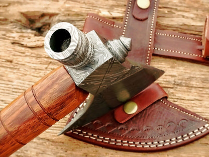 Handmade Damascus Steel Viking Axe Hatchet Functional Axe | 17-Inch with Rose Wood Handle & Leather Sheath