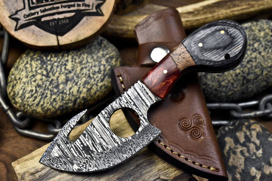 Forged Twist Damascus Skinner Knife with Gut Hook and Hardwood Handle – EDC with Leather Sheath