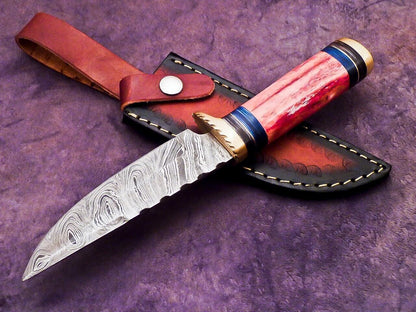 Heritage Forge 10 Inch Damascus Camping Hunting Knife with Camel Bone and Hardwood Handle