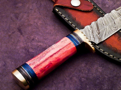 Heritage Forge 10 Inch Damascus Camping Hunting Knife with Camel Bone and Hardwood Handle