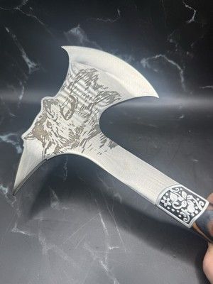 Viking Axe Knife – Wolf Engraved Stainless Steel Fixed Blade with Wood Handle and Sheath